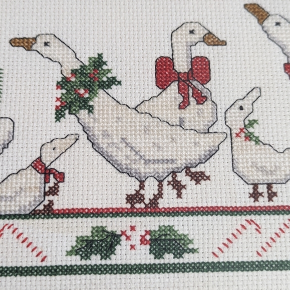 Vintage Cross Stitch Framed 8 Geese Gathering Christmas Holiday Blue Bird Holly - Picture 7 of 11
